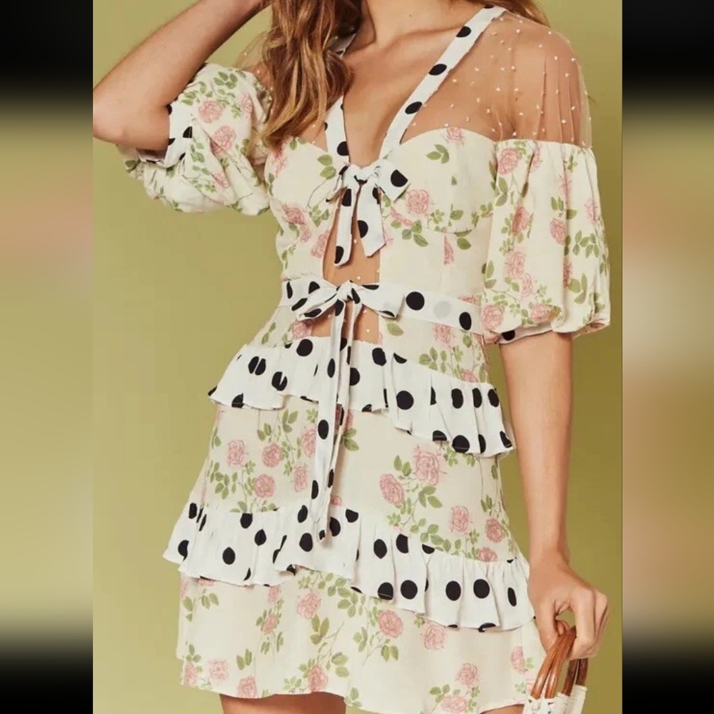 For Love & Lemons Butterscotch Mini Tiered Floral,Polka Dot Ruffle Dress S NWT - Picture 2 of 12